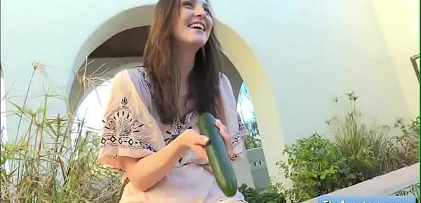  Lovely teen amateur brunette Brooke masturbate with large cucumber and enjoy strong orgasm